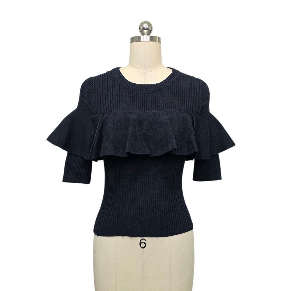 Apiece Apart New York Navy Blue Ruffle Tiered Ribbed Knit Short Sleeve Top 6